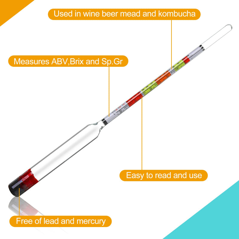 Alcohol Hydrometer Alcohol Measuring Tools Hydrometer Test Jar ABV Brix and Gravity Test Kit Triple Scale Hydrometer with 250 Ml Plastic Graduated Cylinder Cleaning Brush and Cloth for Home Brewing