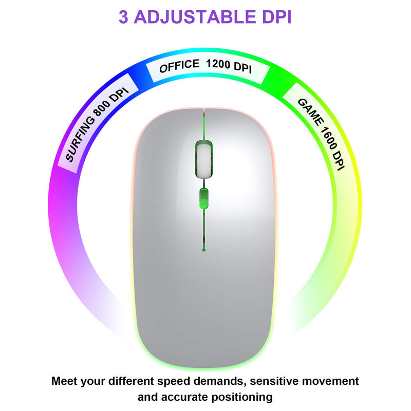 Wireless Mouse Rechargeable, YOUPECK Ultra Thin 1600 DPI Mini 2.4G (USB Receiver) Portable Mobile Silent Optical Cordless Mouse Mice for Laptop,PC,Computer,Mac (Classic Silver)