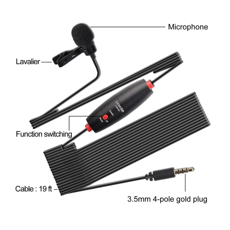 [AUSTRALIA] - Lavalier Microphone, LENSGO LWM-DM1 19.7ft Professional Hands Free Clip-On Omnidirectional Condenser Lapel Mic for iPhone Android Smartphone Camera Podcast YouTube TikTok Interview Video Recording 