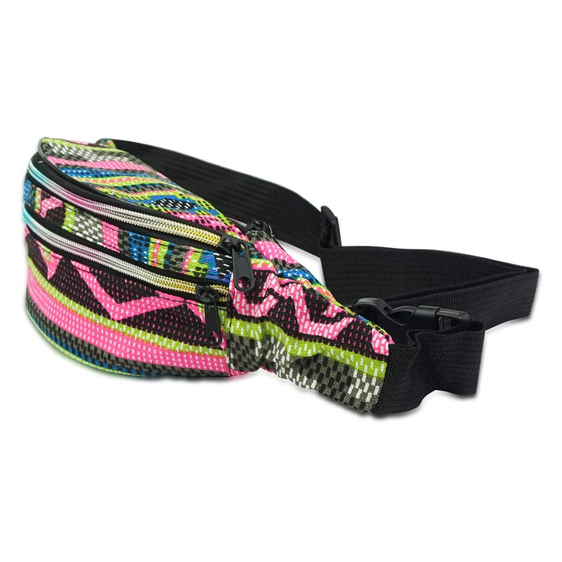 Face1st 3 Zippered Bohemian Fanny Pack Multi Strip Pattern Festival Bum Bags Lightweight Retro Travel Hiking Waist Bag (Bohemian Pink Green)