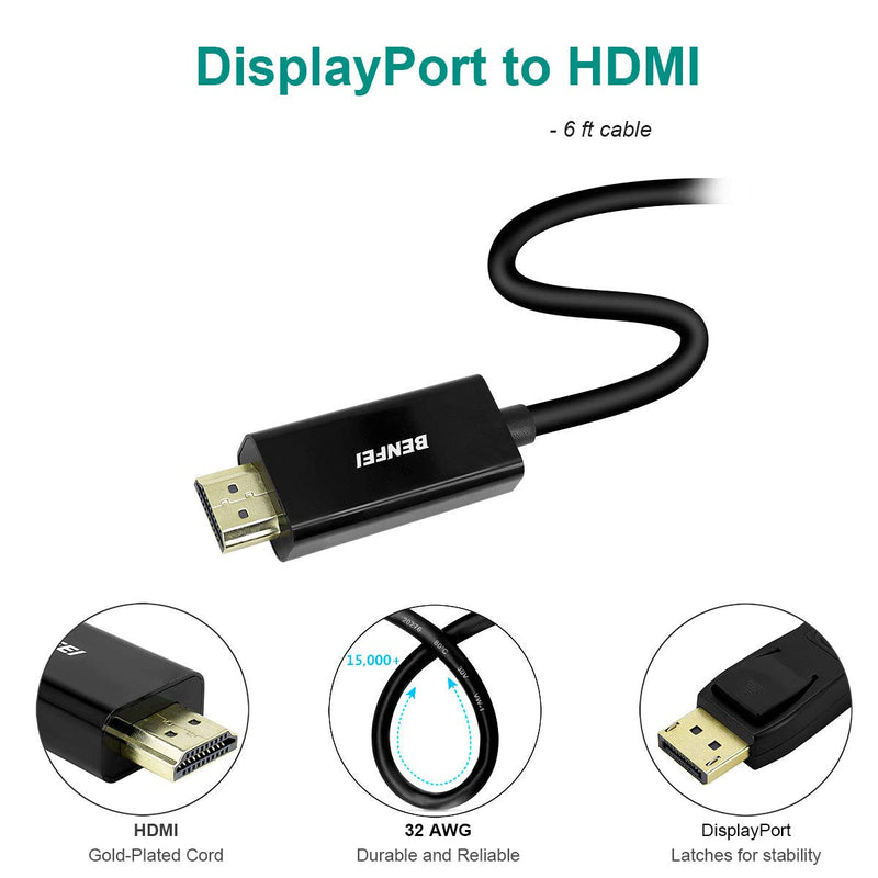 DisplayPort to HDMI 6 Feet Cable, Benfei 2 Pack DisplayPort to HDMI Male to Male Adapter Gold-Plated Cord Compatible with Lenovo, HP, ASUS, Dell and Other Brand
