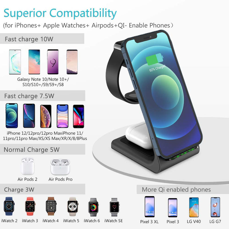 Wireless Charger Stand, GEEKERA 3 in 1 Fast Wireless Charging Station Dock for iPhone 12/12 Pro Max/11/11 Pro/Pro Max/SE/XR/XS Max/8 Plus Apple Watch 6/SE/5/4/3/2, Airpod Pro/2, Qi-Certified Phone Black