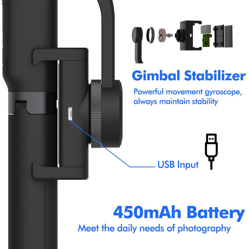 1-Axis Handheld Gimbal Stabilizer for Smartphone,Auto Balance, Reduce Shaking,Pan-tilt Tripod with Built-in Bluetooth Remote for iPhone 11/11 Pro/X/Xr/6s,Samsung S10+/S10/S9/S8,Huawei P30 Pro(Black) Black