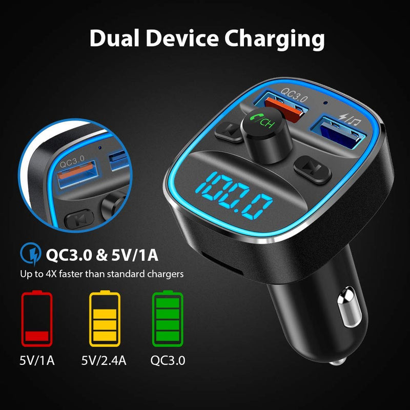Nulaxy Bluetooth FM Transmitter for Car, QC3.0 & 7 Colors LED Backlit Car Radio Bluetooth Adapter Music Player Hands Free Car Kit with SD Card Slot, Supports USB Flash Drive - NX10 (Black)