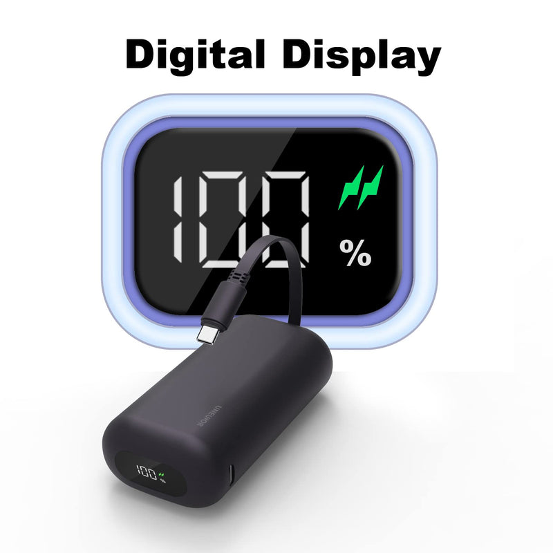 Small Portable Charger with Built-in USB-C Cable,10000mAh 18W PD Fast Charging Power Bank.Ultra-Compact LED Display Battery Pack Compatible with Samsung Galaxy S23,S22,S21,Note20/10/9,Moto,LG (Black) Black