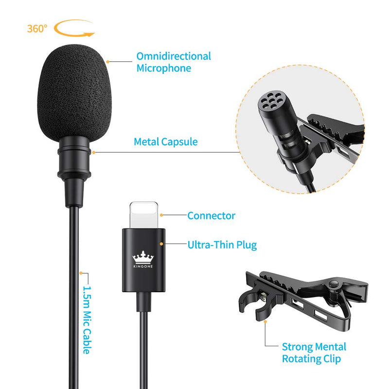 Microphone Professional for Phone,KINGONE Lavalier Lapel Omnidirectional Condenser Mic Compatible with Phone 7/7 plus/8/8 plus/11/ Pro Max, Phone X/XS for Interview, Studio, Video, Vlogging,YouTube