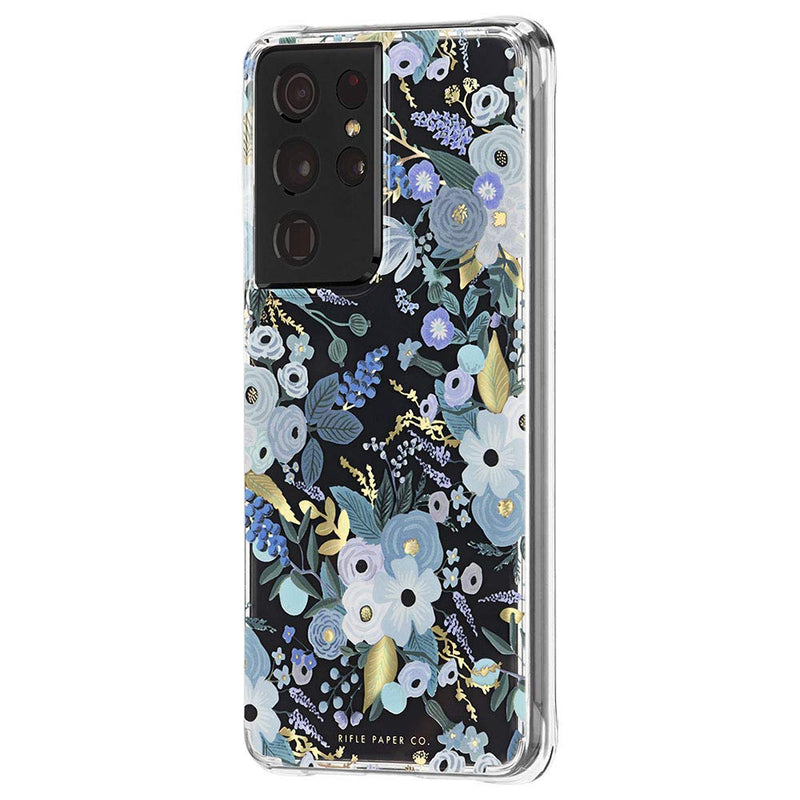 Rifle Paper Co - Case for Samsung Galaxy S21 Ultra 5G - 10 ft Drop Protection - Gold Foil Elements - 6.8 inch - Garden Party Blue