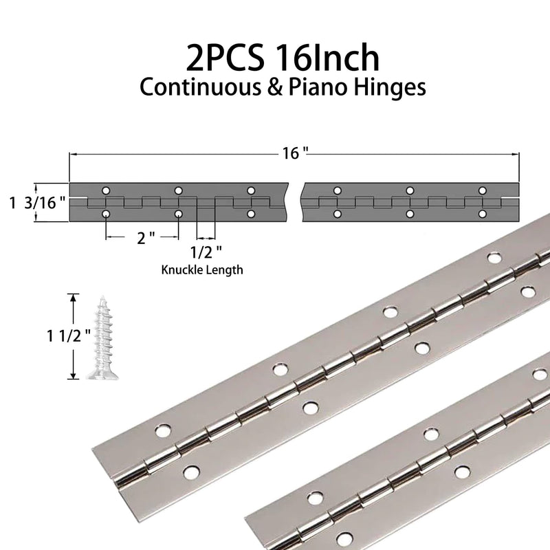 2PCS Piano Hinge 16 Inch, Stainless Steel Continuous & Piano Hinge Heavy Duty Piano Hinges, 0.04" Leaf Thickness, 0.5" Knuckle Length, Screw Included Silver