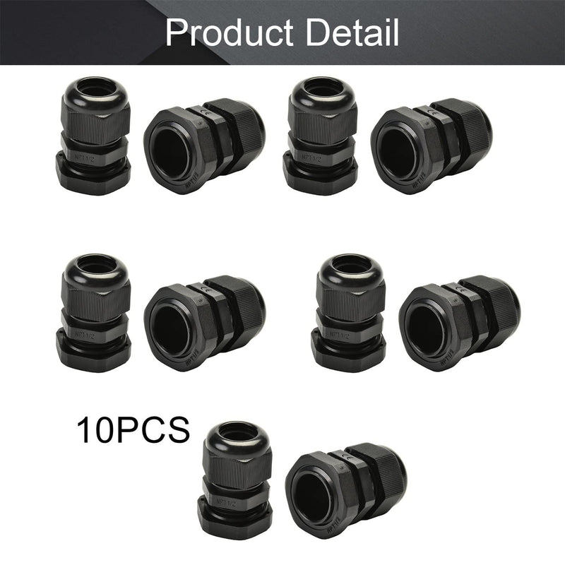 [AUSTRALIA] - Fielect 10Pcs Plastic Waterproof NPT1 Cable Glands Joints Adjustable Connector Black for 8-14mm Dia Cable NPT1/2'' 