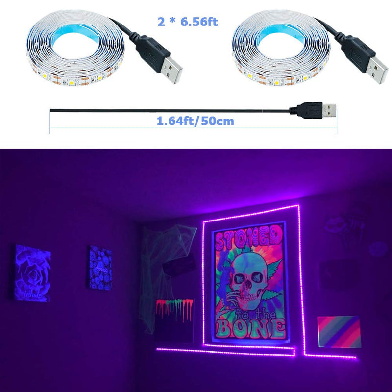 KXZM Black Light UV LED Strip, 5V USB Powered 13.2ft 240LEDs Purple 395-400nm Flexible SMD2835 No-Waterproof IP33 LED Tape Lights (2pcs x 6.6ft)
