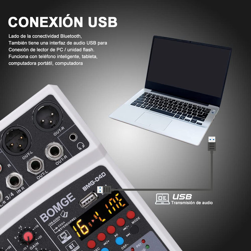 BOMGE 04D portable bluetooth 4 Channel DJ audio sound mixer mixing console with usb interface , 48V Phantom Power input, 16 Echo effects for recording, live streaming, singing (Black) black