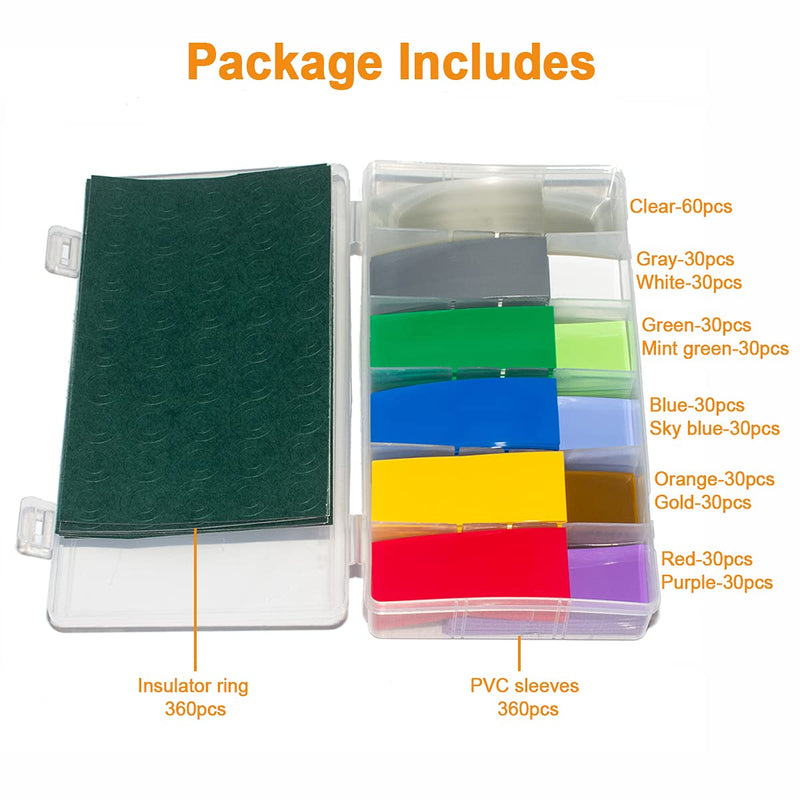 RockDIG 360 PCS 18650 Battery Sleeves Flat PVC Wrap Heat Shrink Tubing Tube(and 360 PCS Self-Adhesive Insulator Ring Cyan)