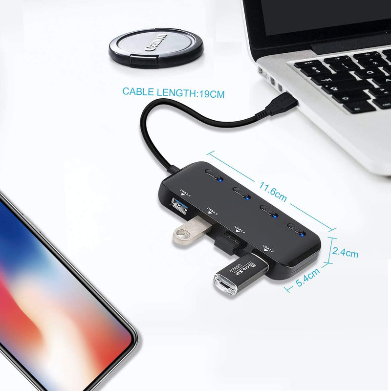 4-Port USB 3.0 Hub with Individual Power Switches and Lights, High-Speed Data Hub Splitter Portable USB Extension Hub for PC Laptop and More