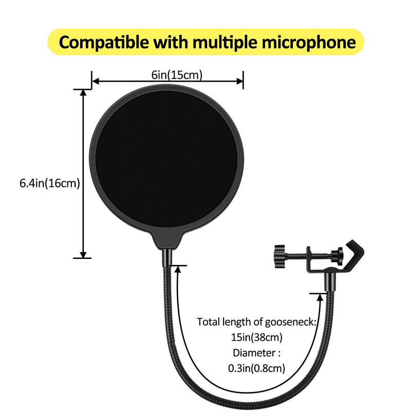 Microphone Pop Filter for Blue Yeti and Any Other Mic，Mic Dual Layered Wind Pop Screen，Wind Mask Shield Screen with 360° Flexible Gooseneck Stabilizing Arm
