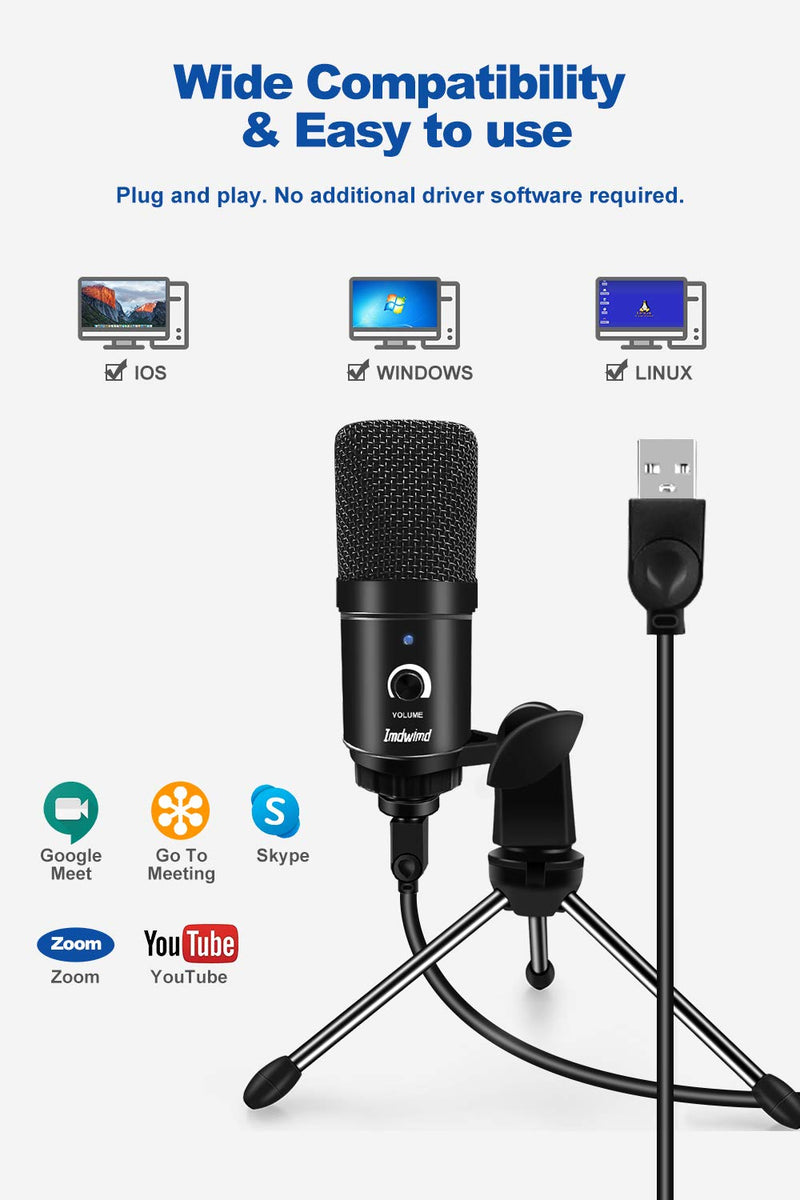 Imdwimd PC Condenser USB Microphone for Computer Recording Gaming Mic Plug and Play 192kHZ/24bit with Desk Tripod for Gaming Podcasting Streaming Compatible with PC PS4 iMac Computer Laptop Desktop