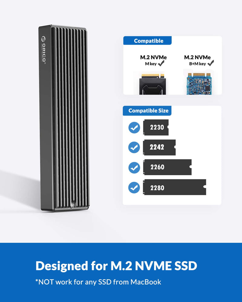 ORICO M.2 NVMe SSD Enclosure, USB 3.1 Gen 2 (10 Gbps) to NVMe PCI-E M.2 SSD Case Support UASP for NVMe SSD Size 2230/2242/2260/2280(up to 2TB)