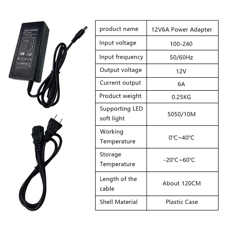 [AUSTRALIA] - Beloksny 12V 6A LED Power Supply Adapter, DC/AC Converter LED Driver Lighting Transformer for LED Strip Flexible Lights, US Plug 