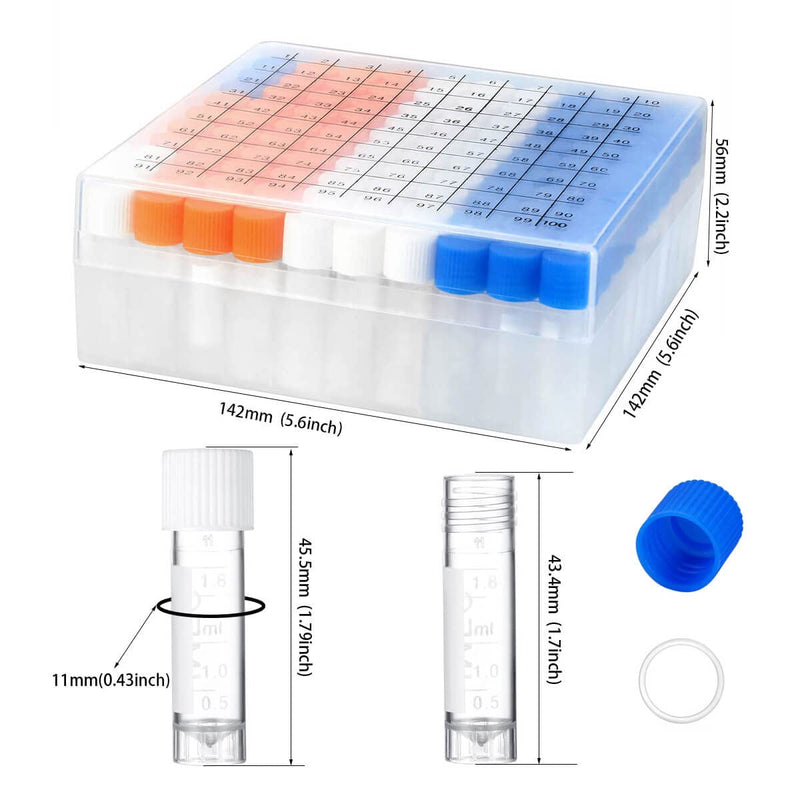 100PCS 2ml Plastic Small Vials with Screw Caps Sample Tubes Cryotubes,PP Material, Free from DNase, RNase, Human DNA 2ml 100pcs