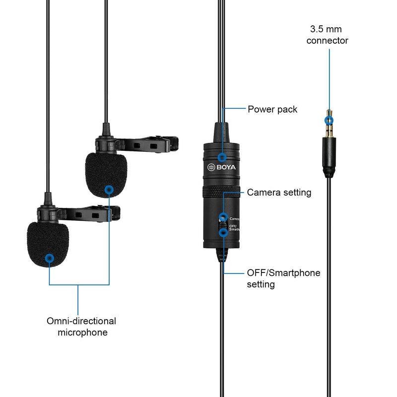 Dual Lavalier Microphone for Smartphone Camera,157 Inch/4m BOYA BY-M1DM Dual-Head Lapel Mics with 1/8 Plug Adapter Compatible with iPhone 11 X 8 Android Smartphone Canon Nikon DSLR Camcorder Recorder