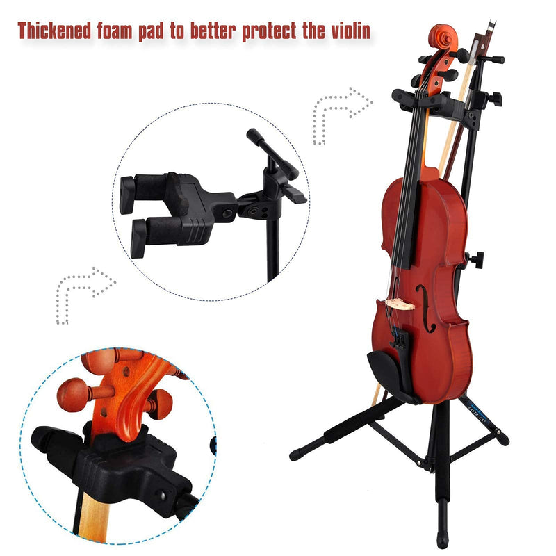 EASTROCK Violin Stand Black Tripod Viola Stand and Height Adjustable with Bows Hook Holder Automatic Locking Hook & Soft Pad Material(Violin Stand)