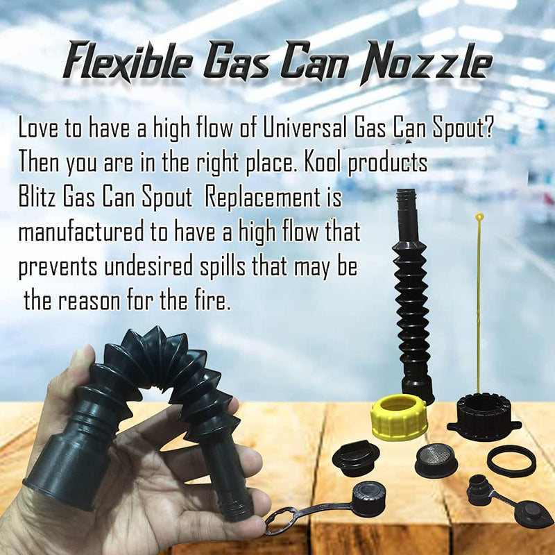 Retail Pack Flexible Replacement Gas Spout with 2 Screw Collar Caps(1 Fine & 1 Coarse - Fits Most Of The Cans), 2 Base Caps, 1 Stopper Cap and 1 Stainless Steel Filter/Flame Arrestor.