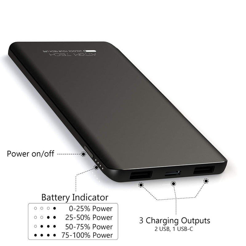 Triple USB Outputs Super Slim Power Bank Ultra Thin, Attom Tech 5000mAh Mini Portable Charger External Phone Battery Pack Small Dual USB Outlet, Emergency Phone Power Backup Black