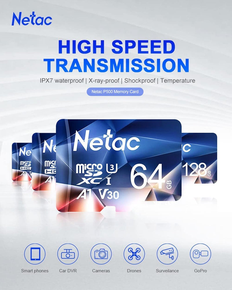 Netac Micro SD Card 64GB 2 Packs, Mini TF Memory Card with up to 100 MB/s, UHS-1, U3, Class 10, SDXC, EXFAT, V30, A1, 4K, UHD, FHD 2 in 1