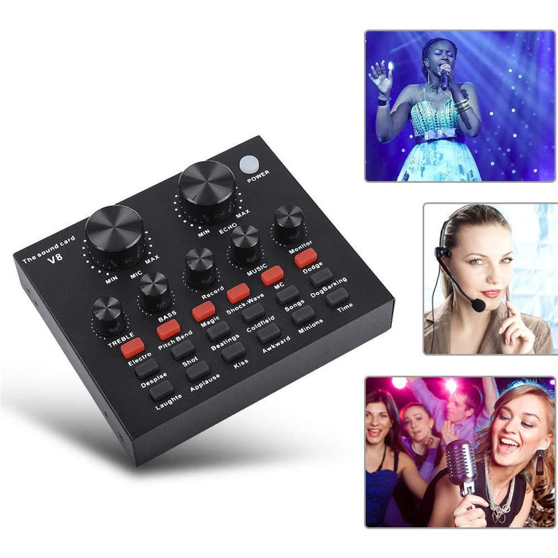 [AUSTRALIA] - BAOYOU V8-Live Sound Card, USB Audio Interface Intelligent Volume Live Sound Card, Adjustable Audio Mixer Sound Card with Multiple Funny Sound Effect for Live Recording, Home KTV, Voice Chat 125x105x25mm Black 