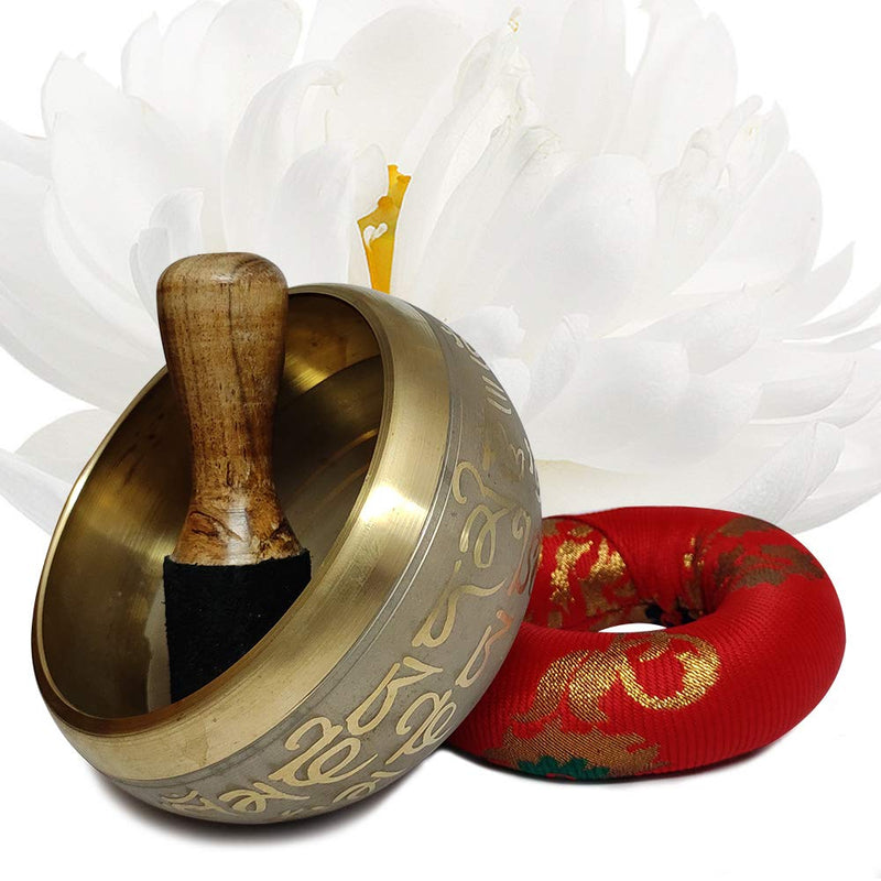 Hand Crafted Tibetan 4 Inch Mantra Singing Bowl Set By Trumiri - Helpful for Meditation Chakra Healing Relaxation Peace Mindfulness with Premium Tulsi Beads, Flag, Mallet, Cushion & Potli (Bag)