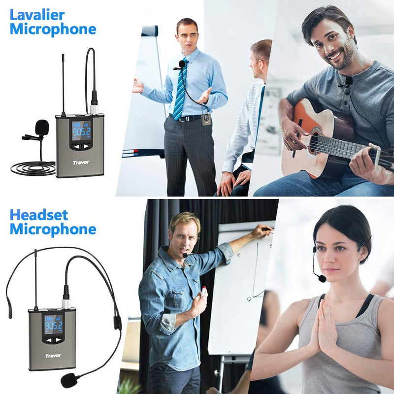 [AUSTRALIA] - Travor Wireless Microphone System Headset/Lavalier Lapel Mic 164ft Range with Rechargeable Bodypack Transmitter & Receiver 1/4" Output for Live Performances, Support Phone 