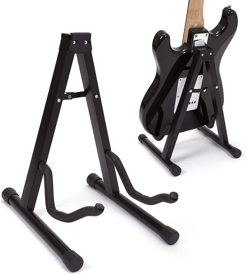 RockJam RJGS01 Aframe Guitar Stand for all Guitars Acoustic Guitar Stand Electric Guitar Stand Bass Guitar Stand & Fender Strap Blocks (2 Pair) A Frame Guitar Stand + Strap Blocks