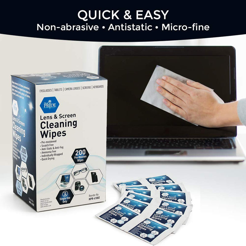 Medpride Premoistened Lens Wipes| Anti-Static, Anti-Fog, Quick-Dry & Scratch-Free| Cleaning Cloths for LED Touch Screen, iPhones, iPads, Computer Monitors, Eyeglasses, Camera Lenses, Laptop (200) 200