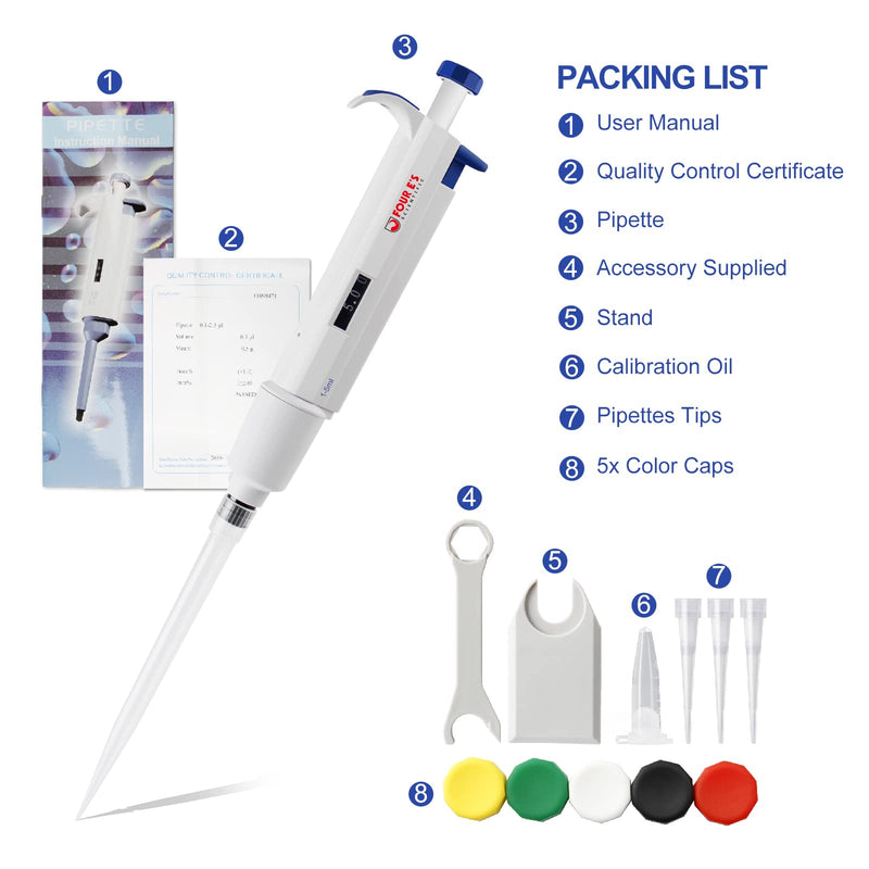 5mL Adjustable Volume Pipette - Four E's Scientific Lab Single Channel Micro Pipettor, 1-5mL Manual Liquid Micropipette 1000-5000μl (increment :50μl)