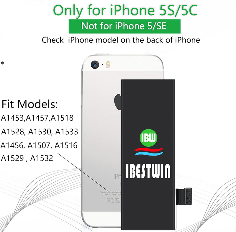 Battery for iPhone 5S 5C, IBESTWIN 1560mAh Replacement Battery for IP 5S 5C with Full Repair Tool Kit, 0 Cycle 3 Years Warranty