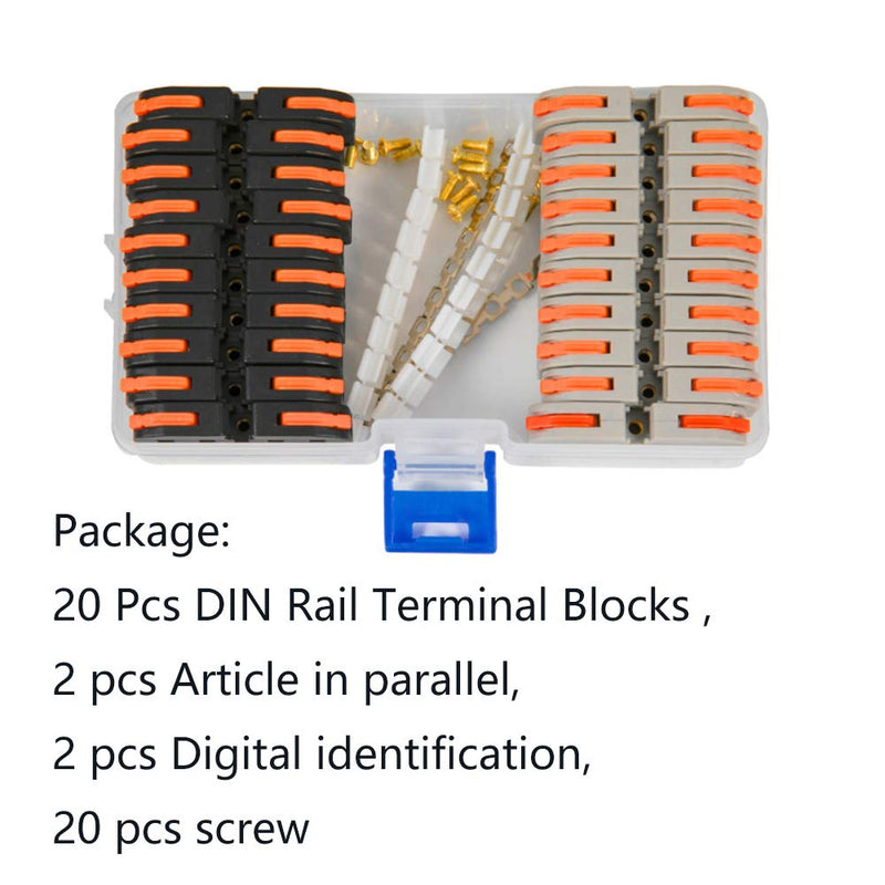 UOHGDPY DIN Rail Terminal Blocks kit,Universal Compact Wire Wiring Connector (20 pcs connectors+2 pcs Article in Parallel+ 2 pcs Digital Identification+2Pcs Fixed clamp+20 pcs Screw) 20 pcs connectors+Article in parallel+ Digital identification+screw