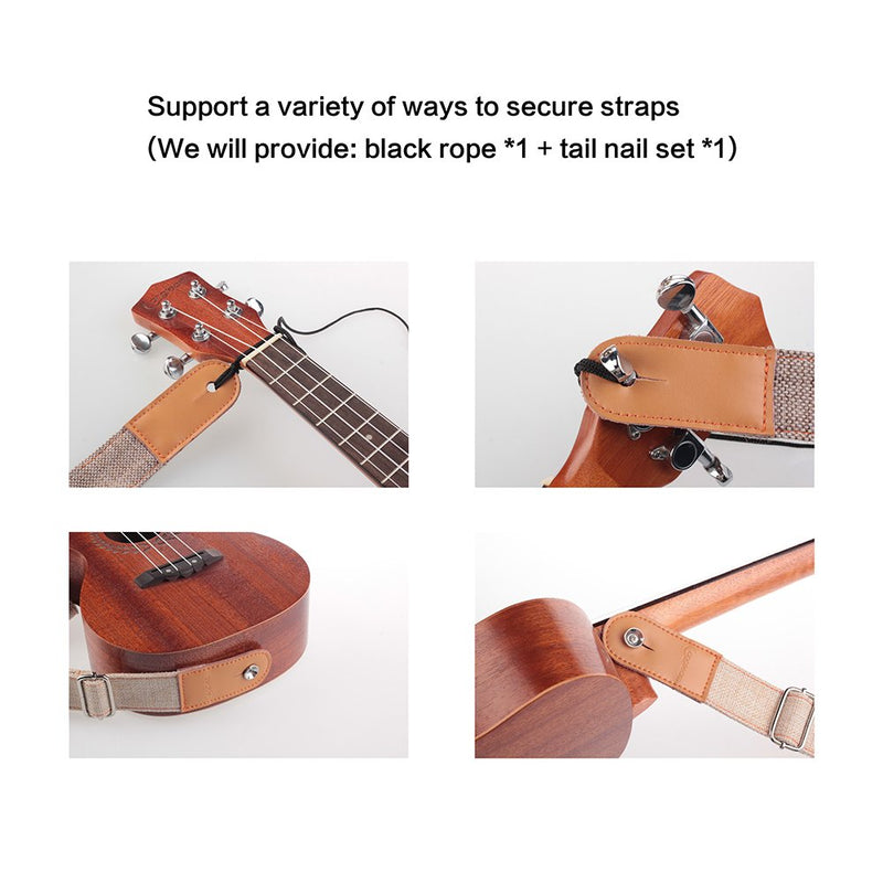 HOT SEAL Linen Style Adjustable Genuine Uke Leather Metal Hook Ukulele Strap Strong Back Straps (Linen Light Brown) Linen Light Brown