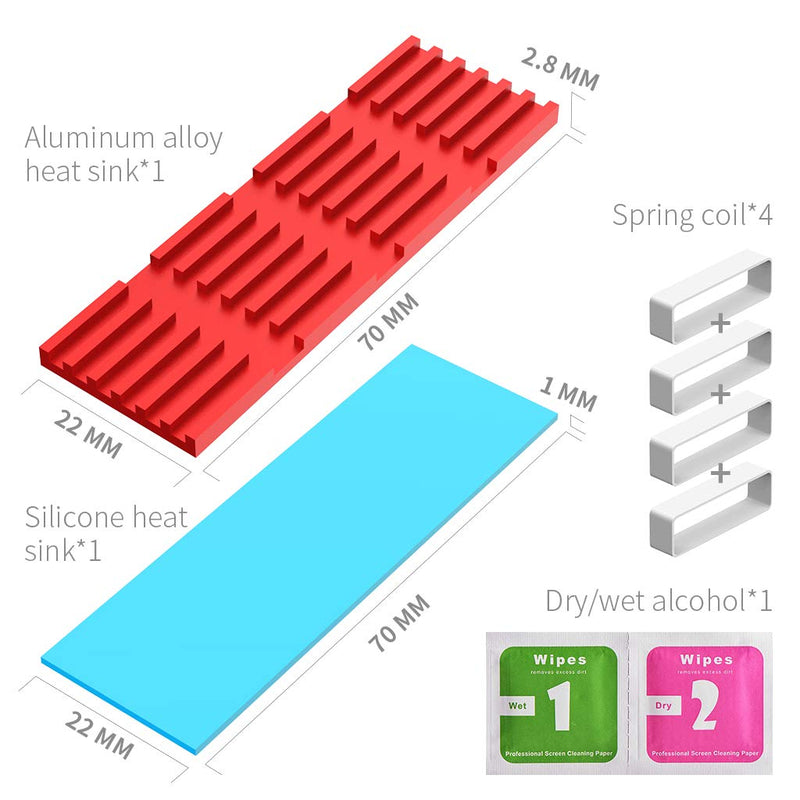 AOJUE Universal M.2 Heatsink NVME Heatsink SSD Heatsink Cooler for 2280 M.2 SSD with Silicone Thermal Pad (red) red