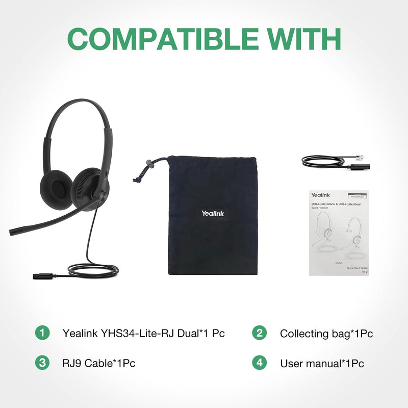 Yealink Phone Headsets for Office Phones YHS34 Lite QD to RJ9 Wired Headset Compatible with Poly Avaya Snom Grandstream Phones Desk Landline Headset with Microphone -Dual/111g/2.1m Cable Foamy Ear Cushions - Dual