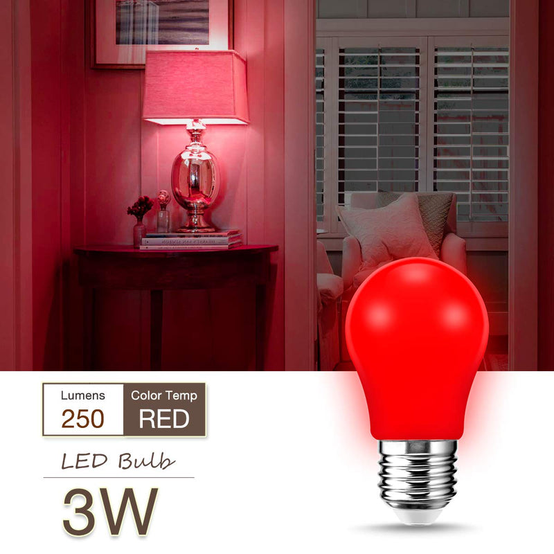 LOHAS A15 Red LED Light Bulb, Decoration 20W Equivalent Bulb, 3W Colorful LED Bulb, Halloween Indoor Home Lighting with E26 Medium Base Bulb, 250LM Red Light Bulb for Porch, Holiday, Party, 4 Pack