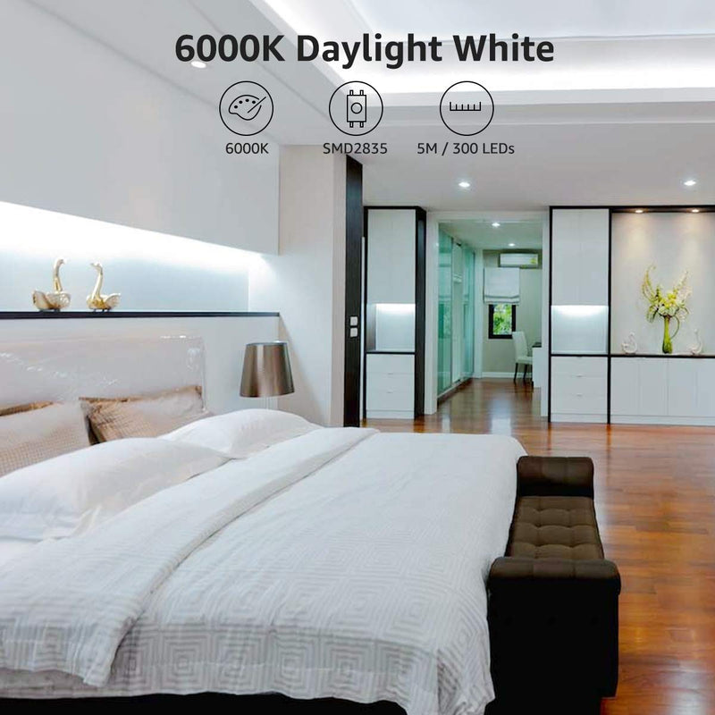 [AUSTRALIA] - LE LED Strip Light White, 16.4ft Dimmable Vanity Lights, 6000K Super Bright LED Tape Lights, 300 LEDs 2835, Strong 3M Adhesive, Suitable for Home, Kitchen, Under Cabinet, Bedroom, Daylight White 