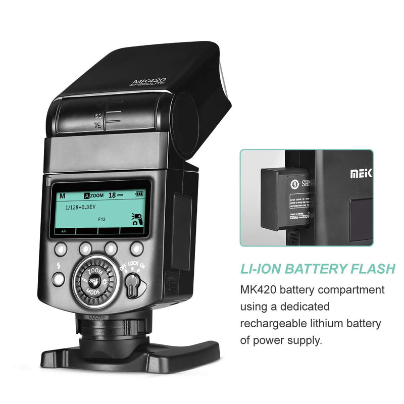 Meike MK420S TTL Li-ion Battery Camera Flash Speedlite with LCD Display for Sony Mi Hot Shoe Mount Cameras such as A6000 A6100 A6300 A6400 A6500 A6600 A7III A9 A7RIII A7RIV A7SII A7SIII etc