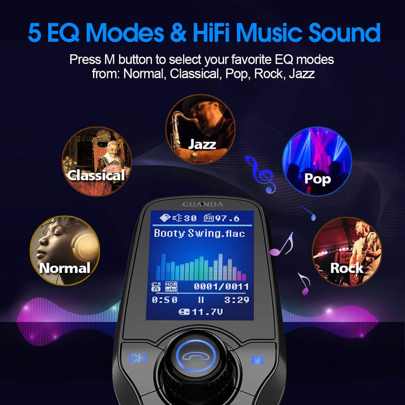 Guanda Bluetooth FM Transmitter for Car, Bluetooth Car Adapter, 4-in-1 Car MP3 Player with 1.8 Inch Color Display, AUX Input/Output, 3 Port USB, S Handsfree Call, SD/TF Card, USB Disk,QC3.0,5 EQ Modes Large Port-USB A Black