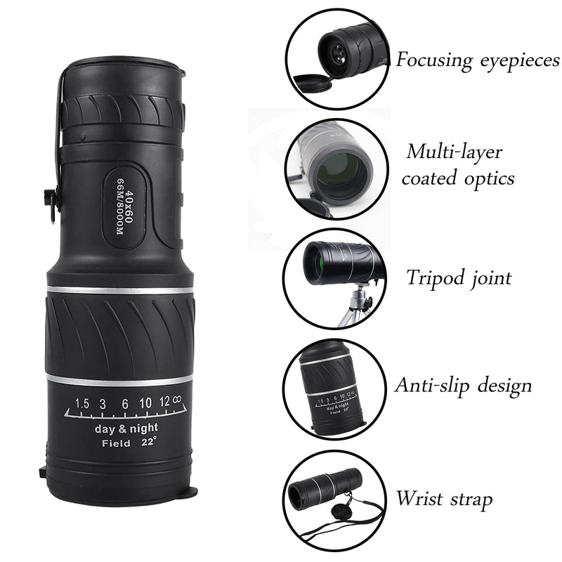 Hakeeta 40 x 60 HD Black Monocular Telescope, 40x60 High Powered Spotting Scope Pocket Focus for Outdoor with Low Light Night Vision and Green Film Monocular