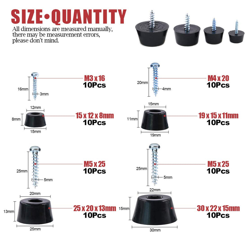 [AUSTRALIA] - Hilitchi 40-Pcs Round Black Rubber Feet Bumpers Pads with Matching Screws with Built in Stainless Steel Washer for Cutting Board Amps Cabinet Desk Tables Couches (Assortment Kit) Assortment Kit 
