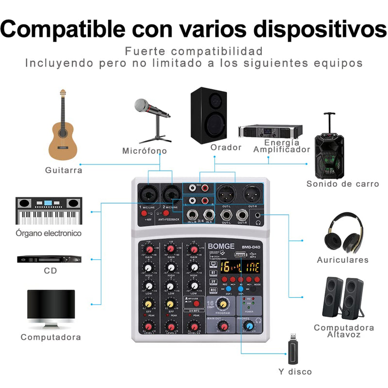 BOMGE 04D portable bluetooth 4 Channel DJ audio sound mixer mixing console with usb interface , 48V Phantom Power input, 16 Echo effects for recording, live streaming, singing (Black) black