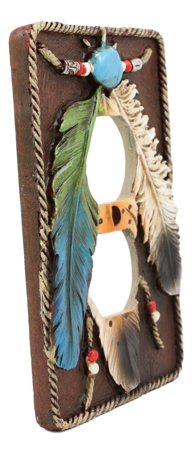 Ebros Southwestern Tribal Native American Indian 3 Feathers Turquoise Stone and Beads Dream Catcher Design Bathroom Vanity Accent Figurine Decor (Double Receptacle Outlet Plate Cover Set of 2) Double Receptacle Outlet Plate Cover Set of 2