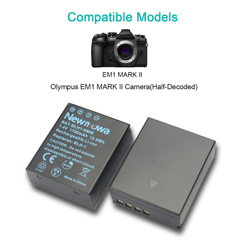 Newmowa BLH-1 Replacement Battery (2 Pack) and Dual USB Charger for Olympus BLH-1 and Olympus OM-D EM1 Mark II, OM-D E-M1X Camera(Half-Decoded)