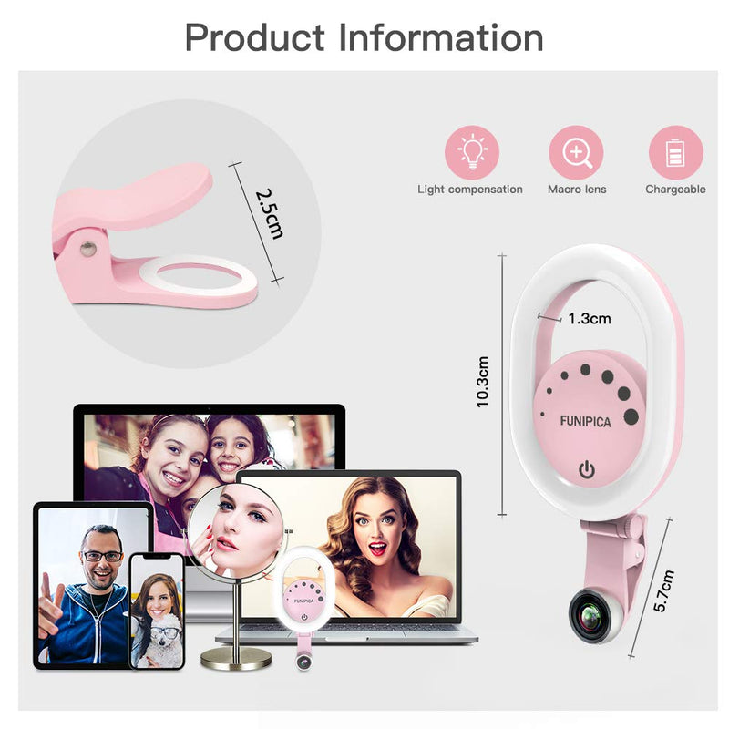 Video Conference Lighting for Phone Laptop, Evershop Selfie Ring Light with 3 Light Modes LED Clip-on Rechargeable Light for Photo,Makeup,Zoom Meeting, Video Call,Live Streaming, YouTube, TikTok Pink