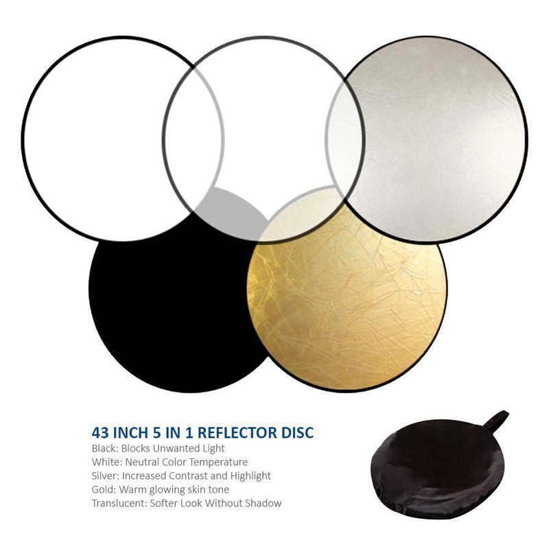 LimoStudio 32" 5-in-1 Photography Collapsible Light Disc Reflector, 5 Colors White, Black, Silver, Gold, Translucent, AGG807