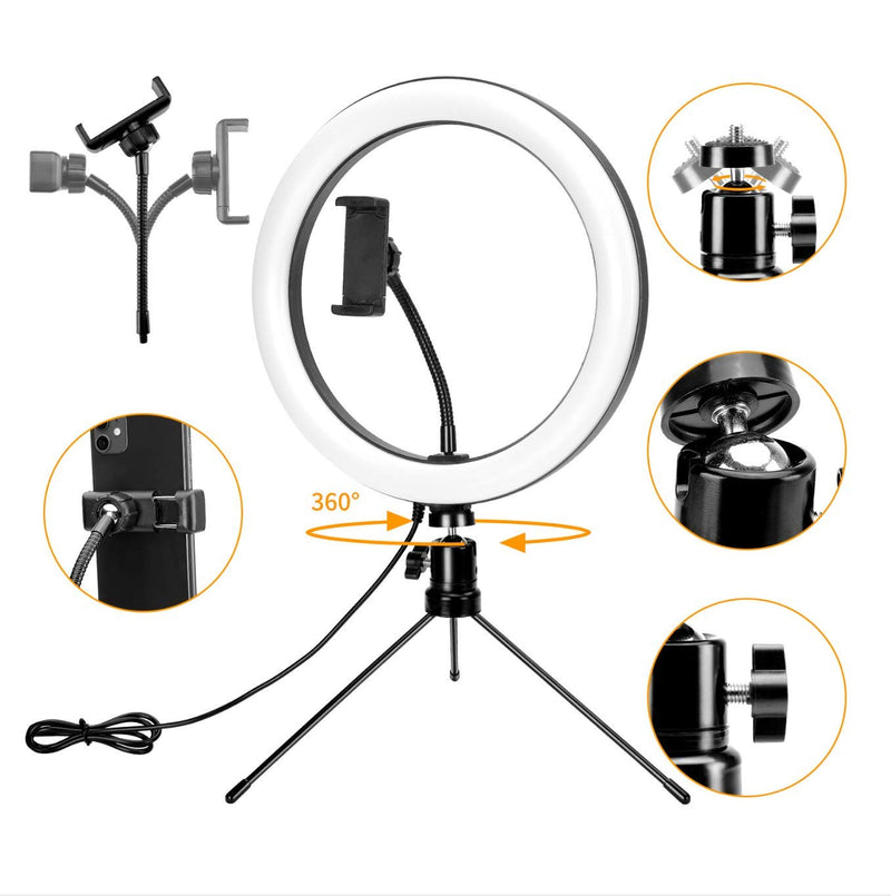 LED Ring Light 10" with Adjustable Tripod Stand & Shutter Remote, Desk Makeup Selfie Ringlight Phone Holder with 3 Light Modes 10 Brightness Level for YouTube, Tiktok, Live Stream, Photography